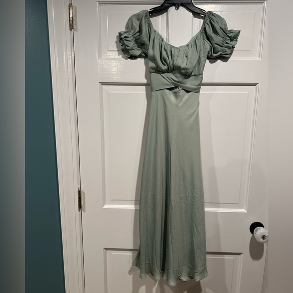 Petal & Pup Dresses & Skirts - Petal & Pup sage green off the shoulder silk dress- Size 6